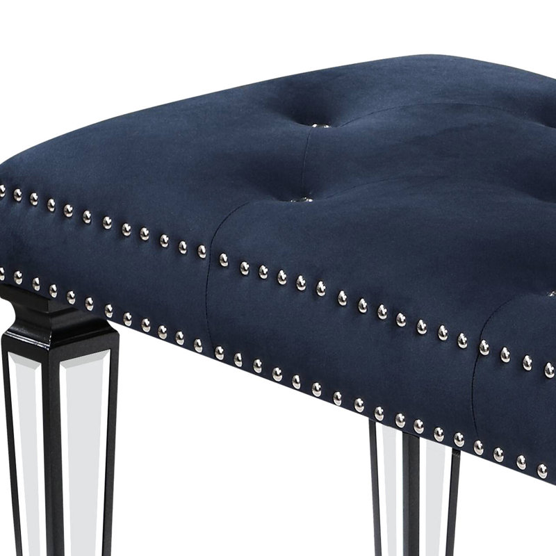Dark Navy Velvet Bench With Mirrored Leg Inlays For Bedroom Delight And Allure Magnetism