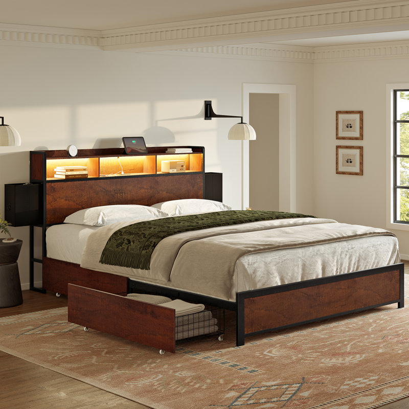 Livia Queen Bed Frame with 2 Underbed Drawers, Modern Platform Bed with Charging Station & LED Light, Storage Headboard with 2 Bedside Drawers & Open Bookcase Shelves, Walnut Brown