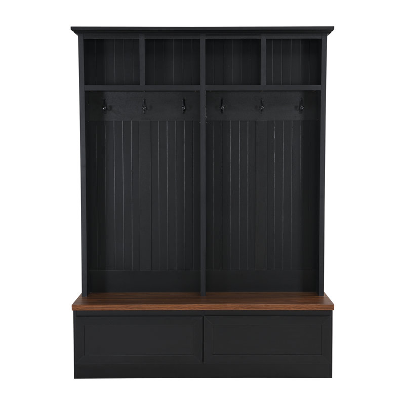 Farmhouse 4-In-1 Hall Tree With Wood Grain Bench, Mudroom Versatile Coat Rack With 2 Large Drawer, Entrance Organizer For Hallway, Living Room