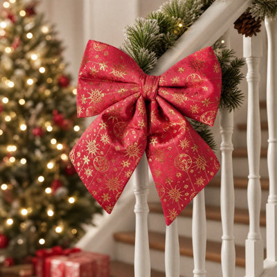 Décoration de Noël : nœud en tissu rouge à imprimé doré, idéal pour couronner, emballer des cadeaux et décorer votre maison pendant les fêtes.
