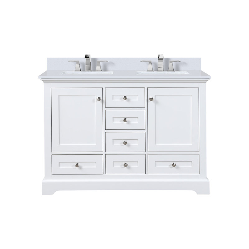 Meuble-lavabo double blanc 48 po X P 22 po D, dessus en quartz blanc et ensemble de robinet, Blanc