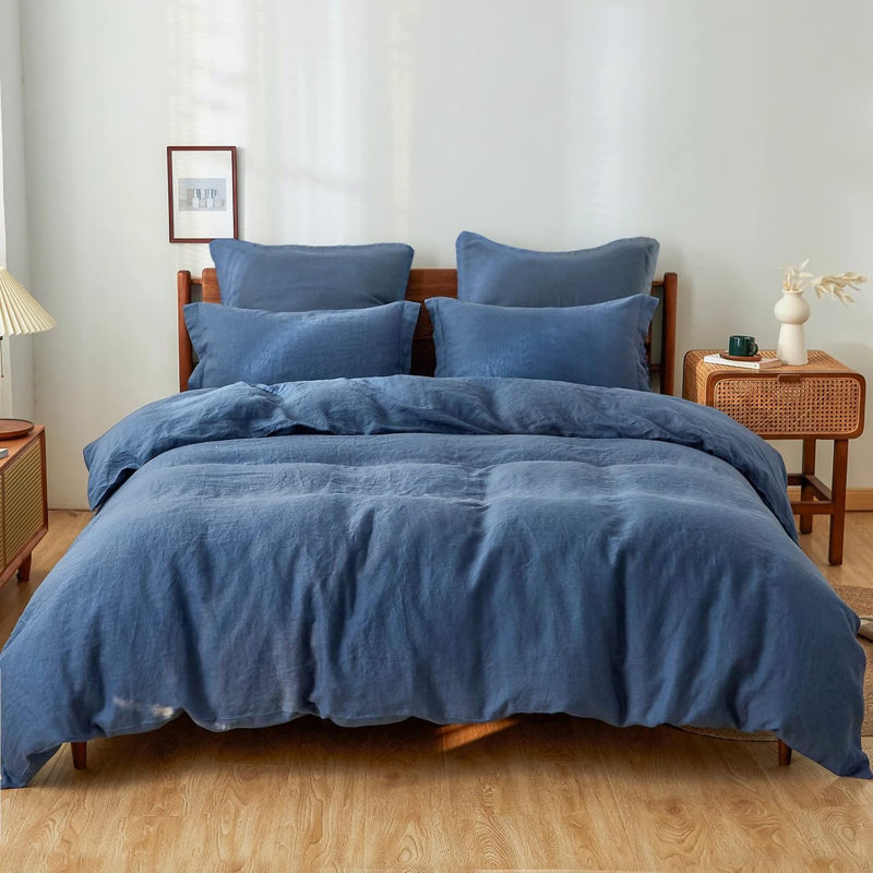 Ensemble de housse de couette 100% lin, Housse de couette simple + 1 taie d'oreiller, Bleu classique