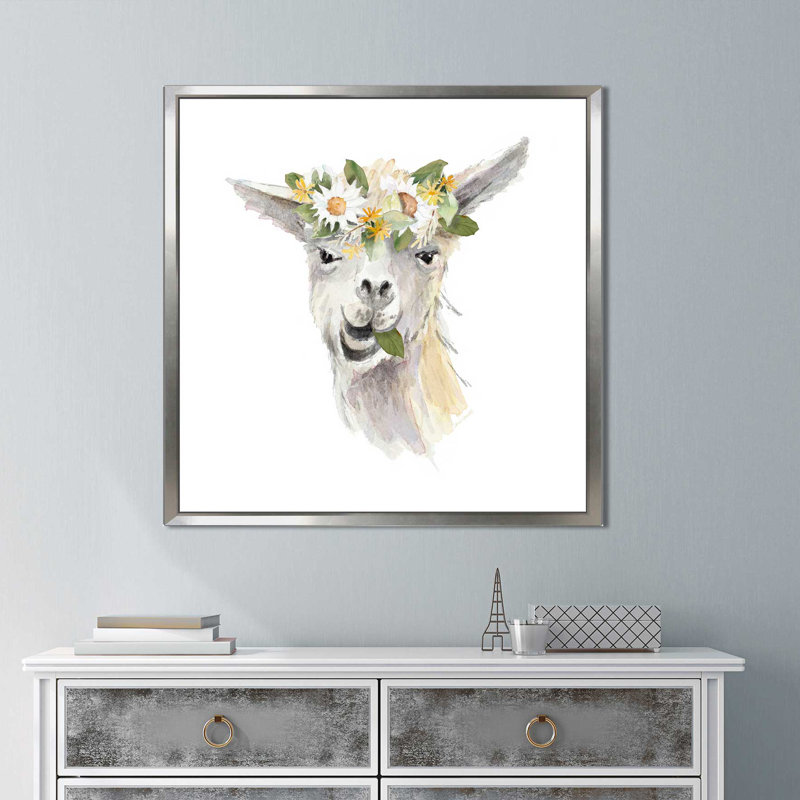 «Floral Llama III», reproduction de peinture à l'aquarelle, H 24 po x l 24 po x P 2 po, Cadre flottant argent
