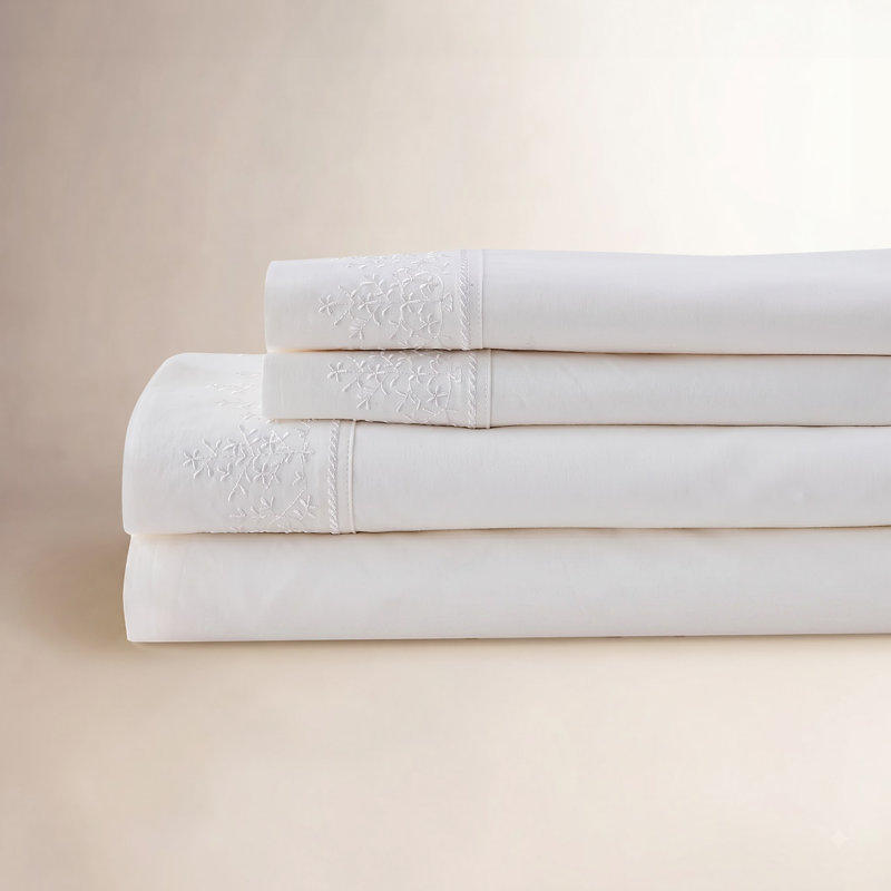 Cali 100% Cotton Percale Floral Sheet Set, Full Sheet Set with 2 Pillowcases, White