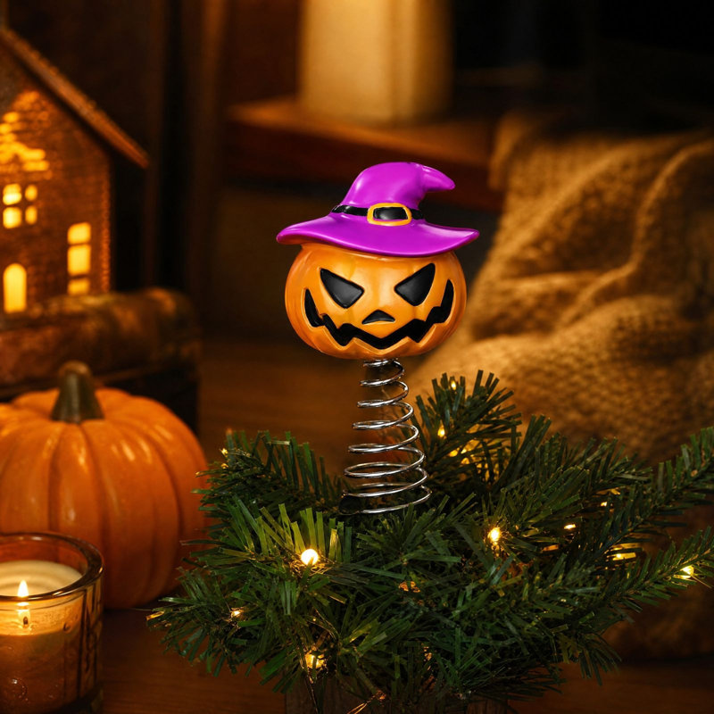 Décoration d'Halloween : Citrouille d'Halloween, cimier de sapin avec chapeau de sorcière violet, lanternes à ressort, ornement de cimier de sapin effrayant, petit sapin de table, décoration de Noël