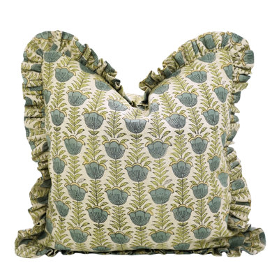 Fabdivine Reversible Handmade Frill Cushion Cover Block Print Linen Decorative Throw Pillow for Home- Lotus