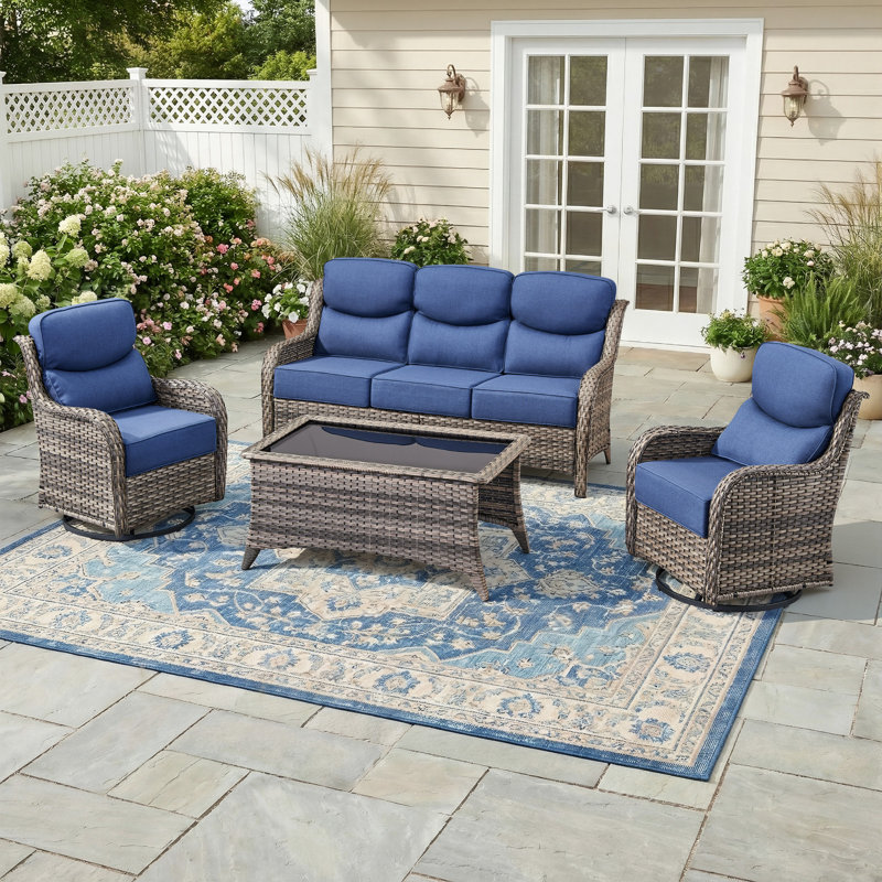 5 - Person Luxury Wicker Patio Furniture Set With Coffee Table & 6-Inch Extra-Thick Cushion Swivel Chairs, Gray, Blue