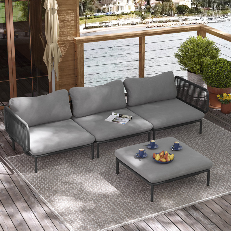Canapé modulaire de patio pour 4 personnes avec coussins Imir, Coussin gris / cadre noir