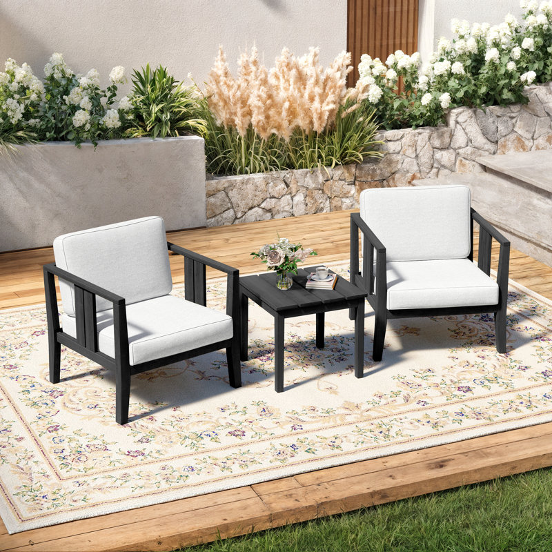 Junco Teak Outdoor Two-Person Patio Set With Cushions And Side Table, Beige, Black