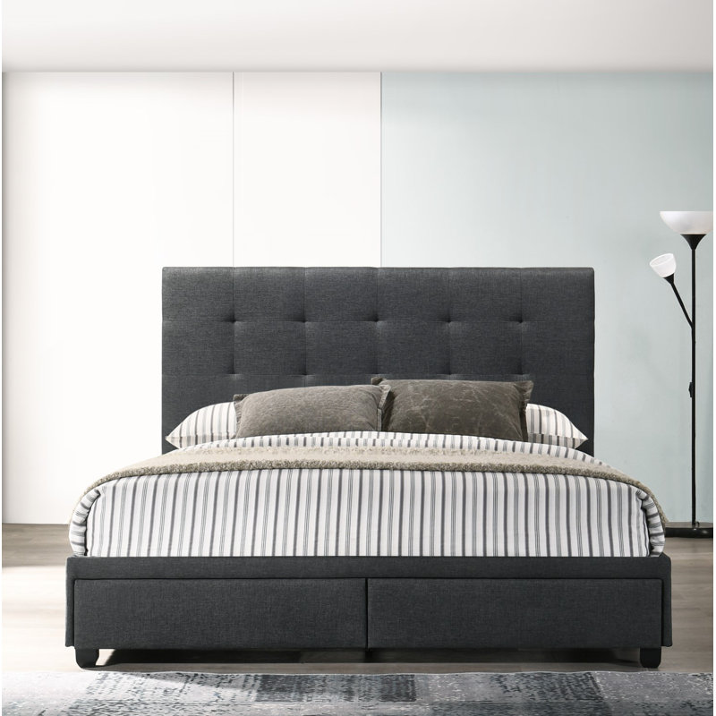 Lit plateforme capitonné avec rangement à profil bas, Gris charbon, Très grand