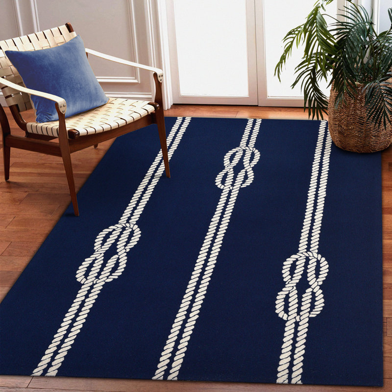 Tapis touffeté à la main en polyester bleu marine / ivoire, Rectangle 5 pi x 7 pi 6 po