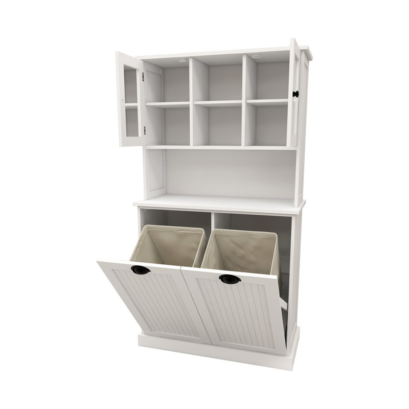 Armoire à linge blanche avec deux compartiments et panier de rangement amovible, Blanc