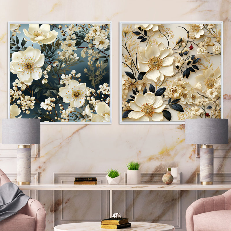 Otero - Ensemble de 2 collages carrés floraux, Cadre flottant blanc, H 36 po x l 73 po