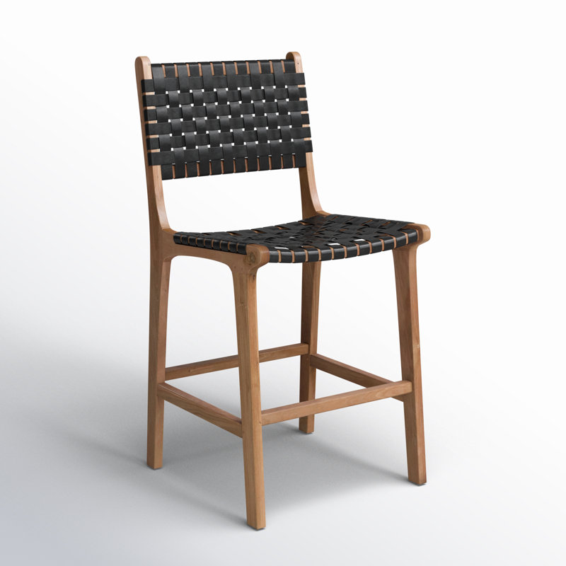 Tabouret de comptoir 23 po Valeria, Cuir noir / structure en bois naturel