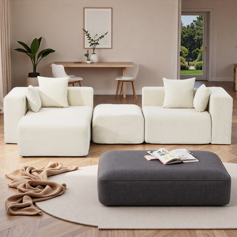 Boneless Cloud Sectional Couch In Two Boxes, Compressed Modular Sectional Sofa With Deep Seat, Beige Polyester