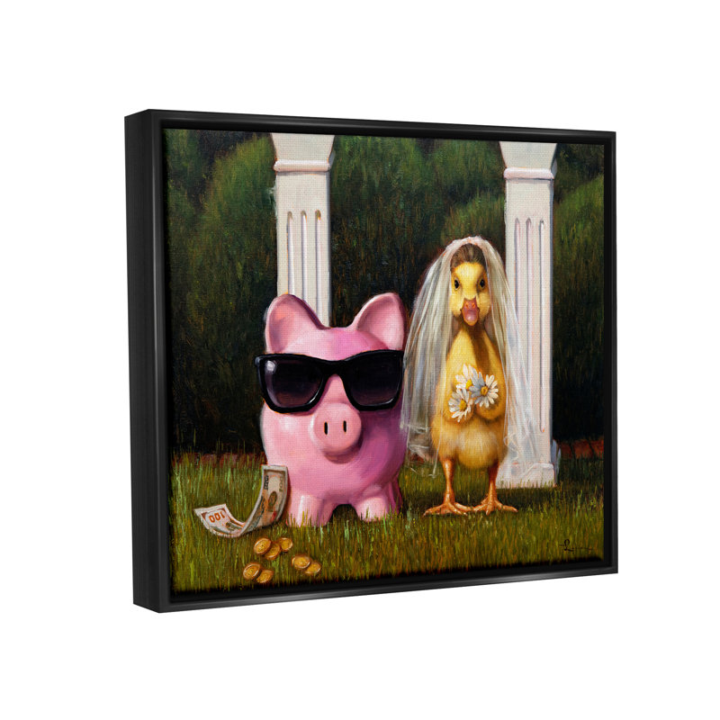 Drôle de mariage cochon et canard, impression sur bois, 17" H x 21" W x 1.7" D, Cadre flottant noir de jais
