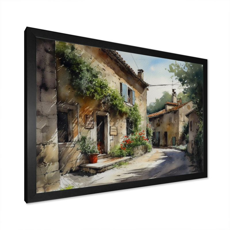 «Richaraj Mediterranean Village Street VI», reproduction sur toile, H 24 po x l 32 po x P 1 po, Cadre photo noir