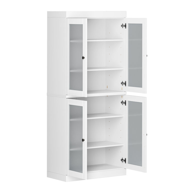 Garde-manger 100% bois massif 32 po avec portes en verre givré et tablettes réglables, Blanc