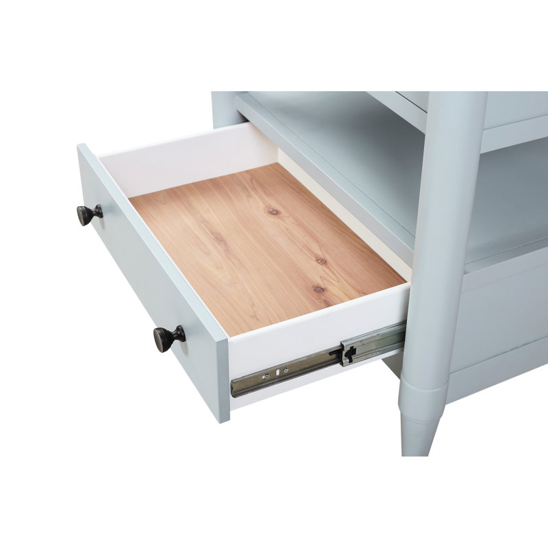 Table de chevet ouverte avec finition océan et 2 tiroirs doublés de feutre et 2 tiroirs en bois massif coloré