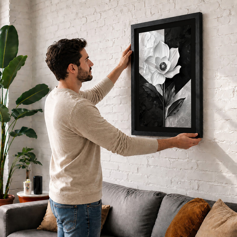 Monochromatic Bloom Botanical - Framed Print, A4 - 29.7 x 21.0 cm, White