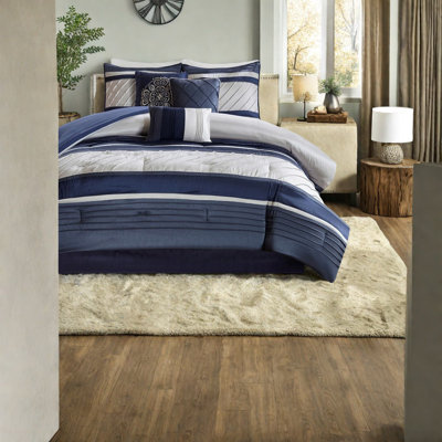 Ensemble de literie luxueux 7 pièces, polyester de soie synthétique, décor bleu marine traditionnel