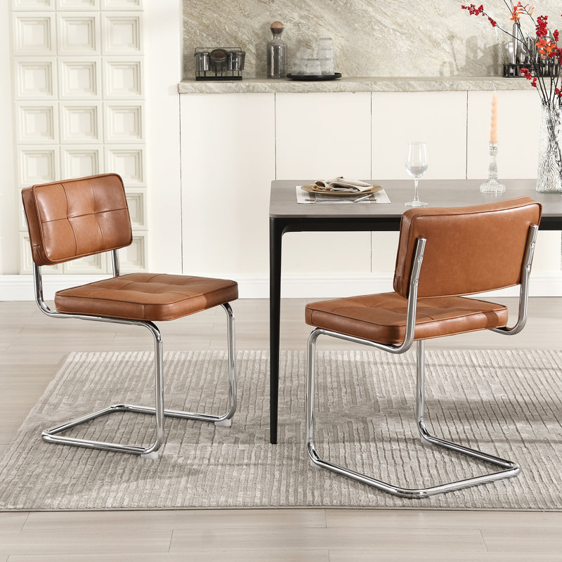 Marlow 19.3" H Mid-Century Modern Tufted Faux Leather Side Dining Chair with Steel Frame, Brown, Chrome 