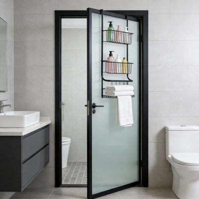 2-Tier Metal Over The Door Organizer with 6 Hooks and 2 Basket for Bathroom, Bedroom