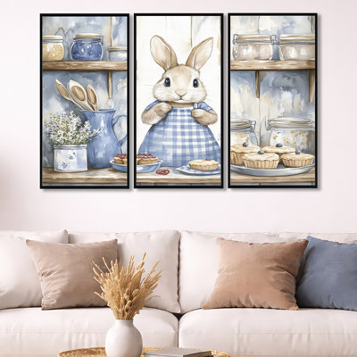 «Blue Gingham Bakery - Rabbit», art mural sur toile 3 pièces