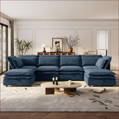 Sofas, Modern 6-Seater Modular U-Shaped Sofa with Storage Convertible Sofa Bed | Polyester | Dark Blue