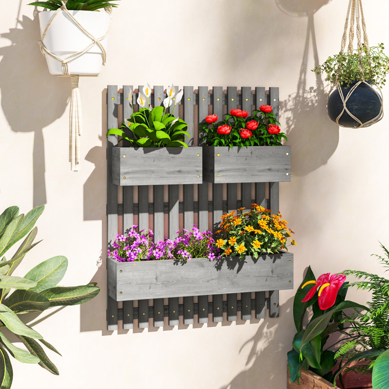 Outsunny Wall-mounted Wooden Garden Planters with Trellis, Grey