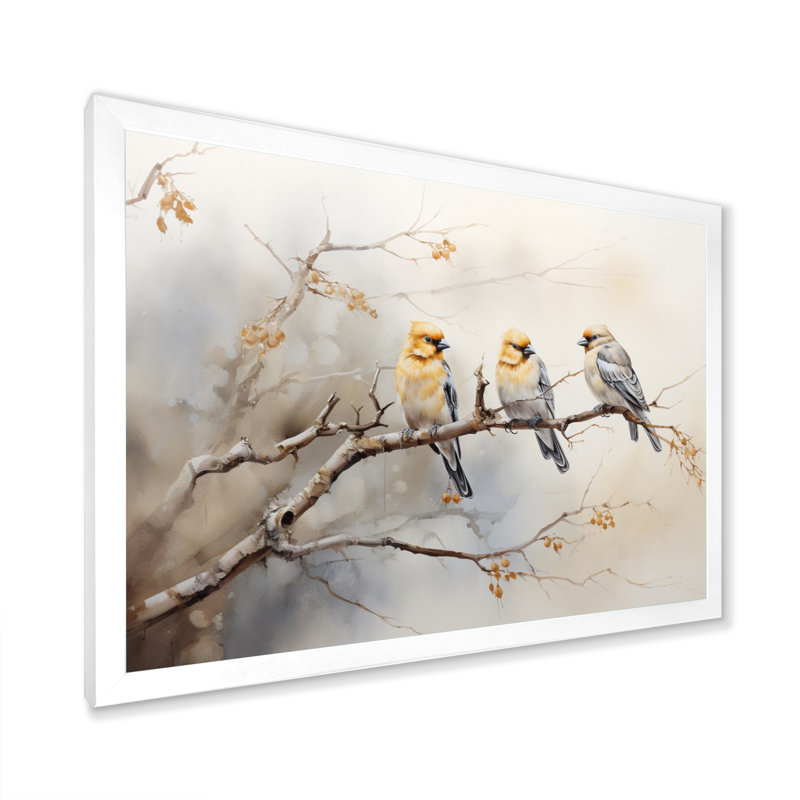 «Bird Silent Watcher VI» - art mural oiseau, H 30 po x l 40 po x P 1,5 po, Cadre simple blanc