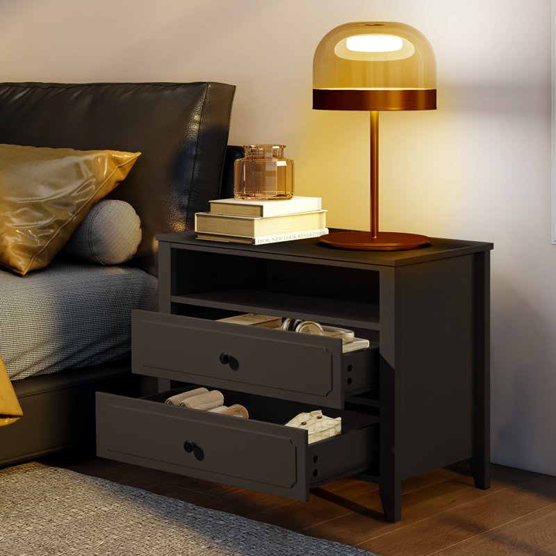 29.9" W Wood Nightstand With Two Drawers, Black