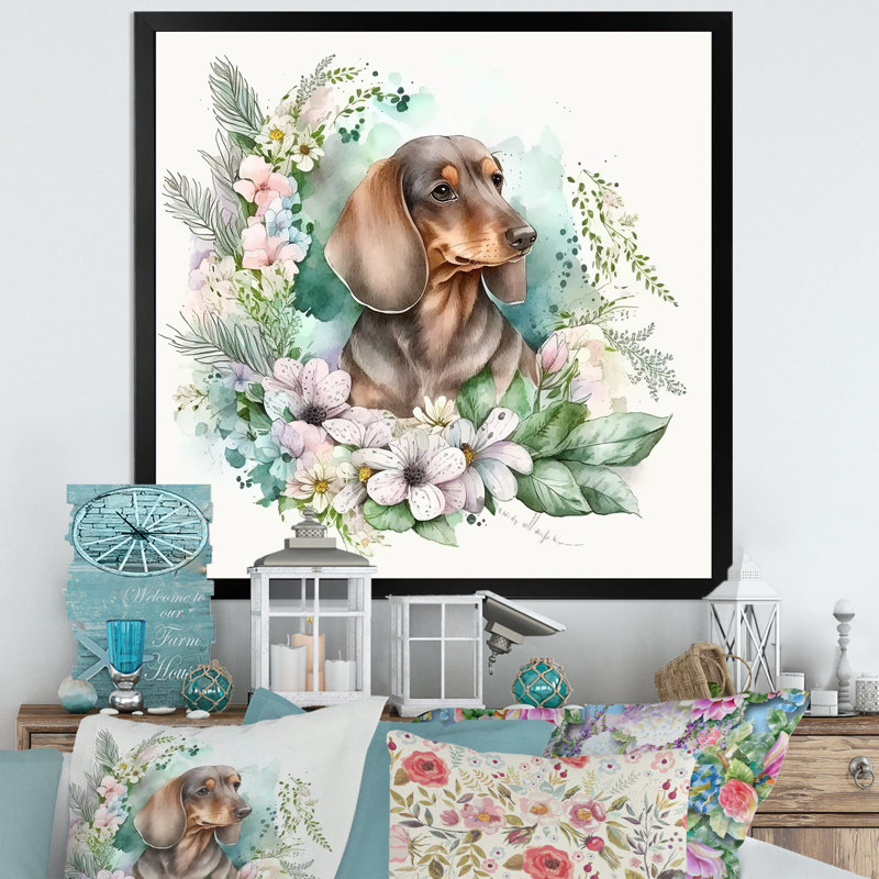 Adorable teckel à l'aquarelle avec fleurs III - reproduction sur toile, Cadre photo noir, H 16 po x l 16 po x P 1 po