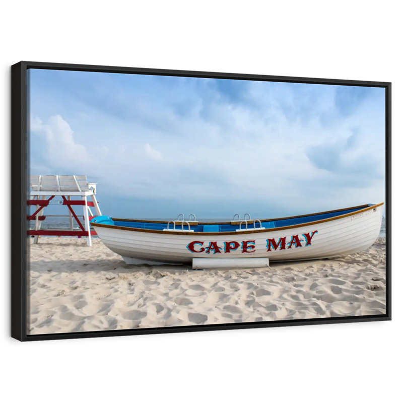 Bateau au cap May, 19 po x 13 po, Cadre flottant noir