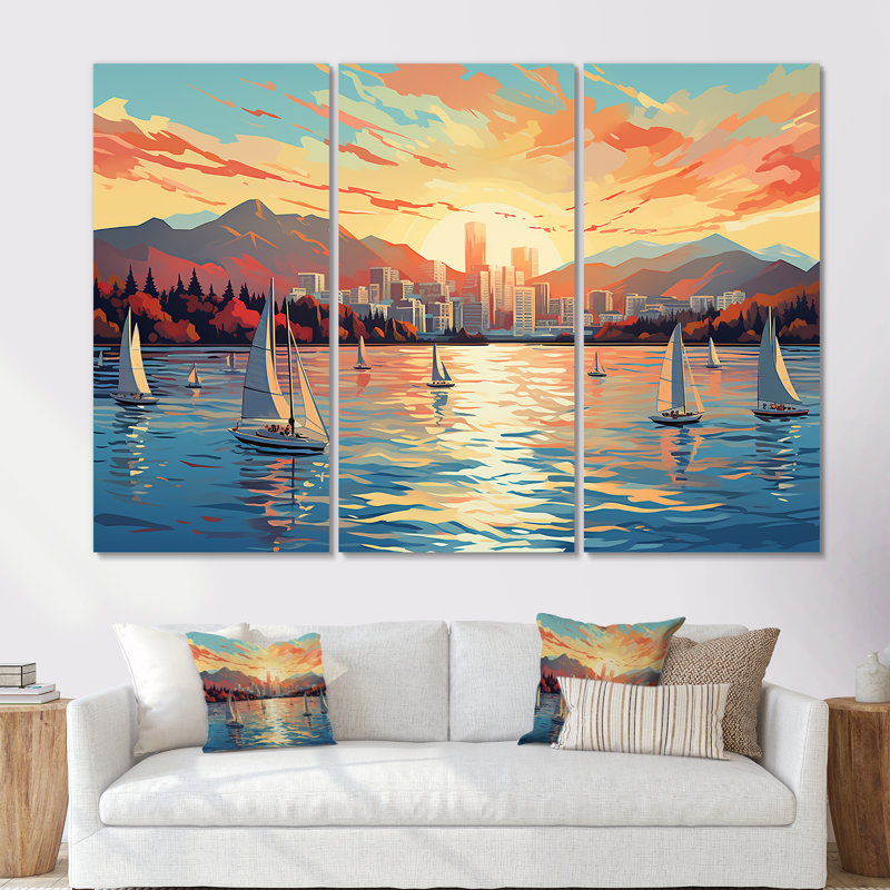 «Vancouver Port Sunset Sail - Port Landscape Coastal», art mural, Toile tendue, H 40 po x l 61 po x P 1 po