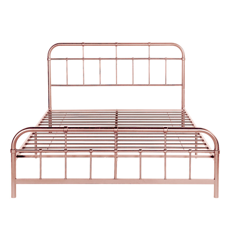 Structure de lit plateforme en métal de taille grand avec tête de lit et pied de lit arrondis, lattes de fer robustes, assemblage facile sans sommier, rose