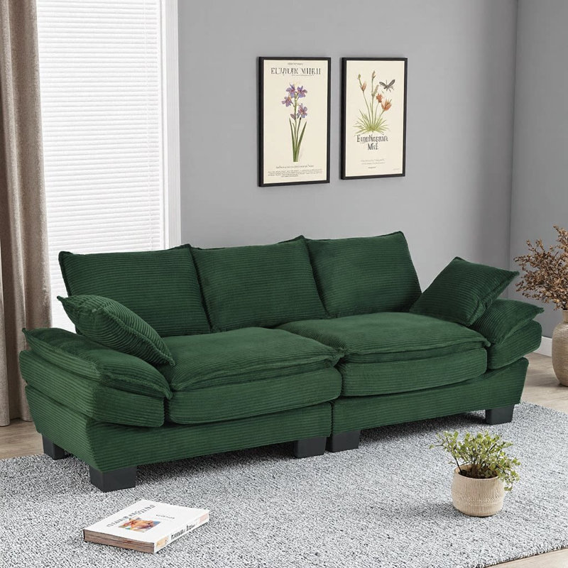 Canapé 85 po en velours côtelé 85 po, rembourré, 2 coussins amovibles, vert foncé, salon et chambre à coucher, Vert