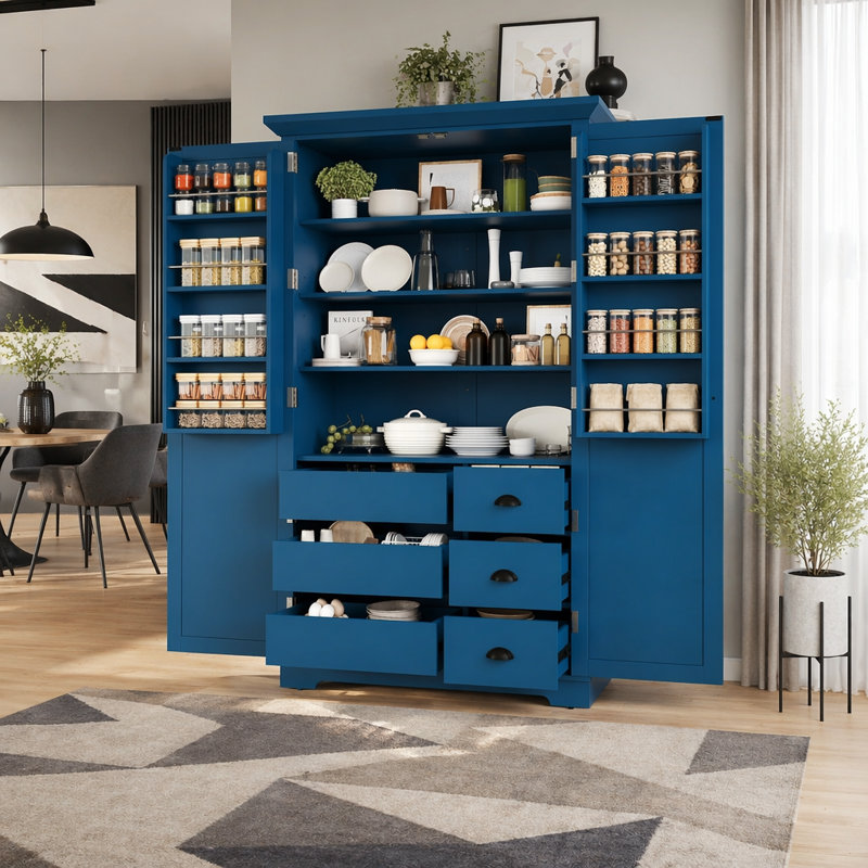 Armoire de cuisine de 42 po autoportante, rangement avec tiroirs, tablettes réglables, tablettes de porte et plateaux coulissants