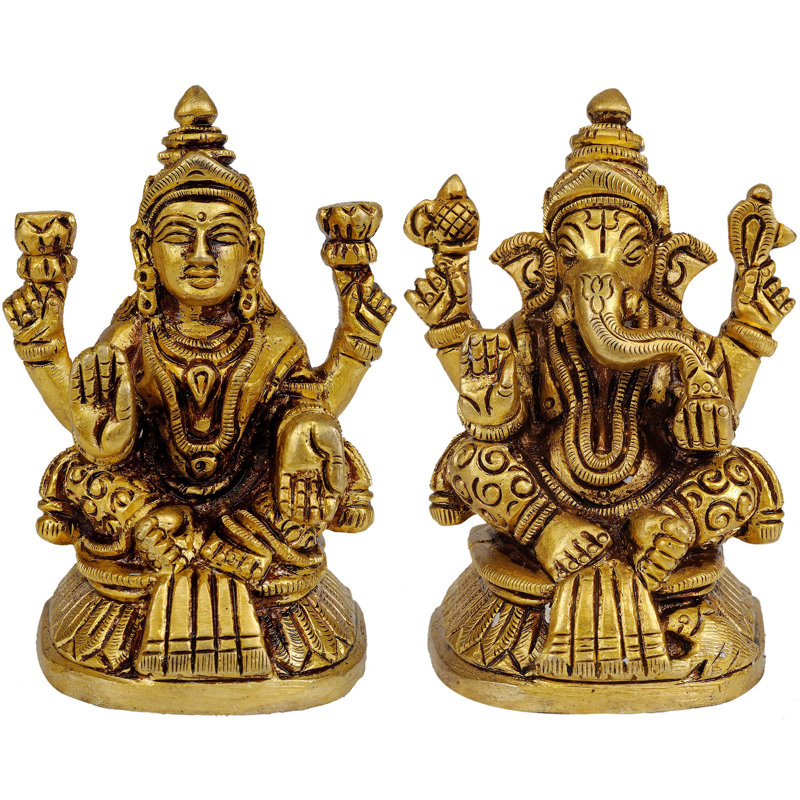 Statue en laiton faite à la main de 3 po Shri Ganesha et déesse Lakshmi