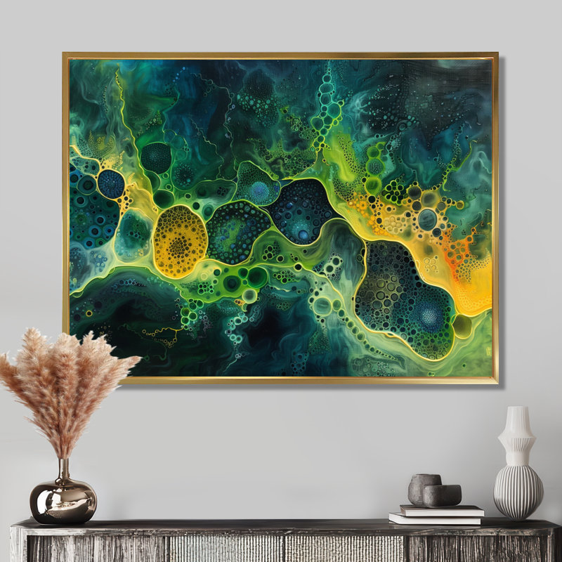 Jaune jaune vert cosmique nourrissant liquide Art II - impression murale abstraite, Cadre flottant doré, H 12 po x l 20 po