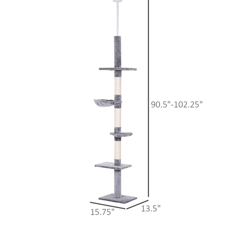 Meuble pour chat 9 'avec zones à griffer - gris blanc. Hauteur réglable de 90,5 po à 102,23 po, 5 plateformes, 3 zones de corde, panneau de particules solide, coussin confortable de 220 g / m², gardez votre apparence immaculée