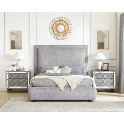 1Pc Luxurious Bed Frame Upholstered In A Soft Chenille Fabric High Padded Headboard Sleek Footboard Features Integrated Functionality Offering Hidden Storage Bedroom Furniture