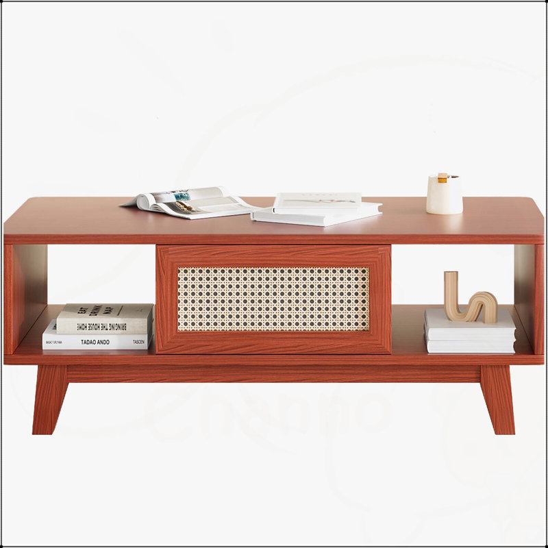Table basse Mid-Century moderne avec tiroir en rotin, table de salon en bois avec rangement et pieds en bois massif, Cerisier