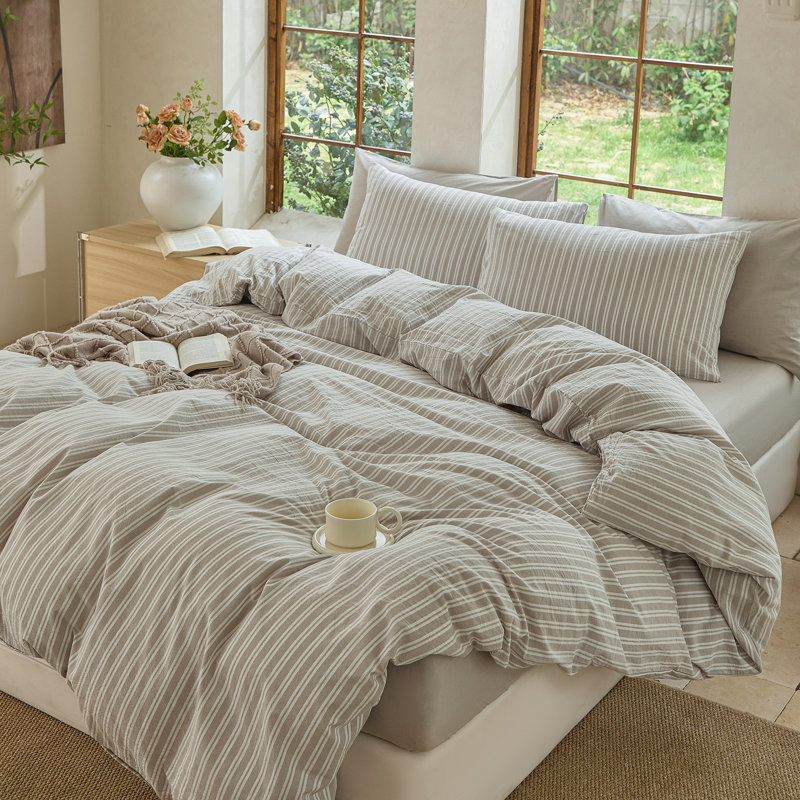 DONEUS Striped Duvet Cover Set 100% Washed Cotton Linen Like Soft Feelling Breathable Bedding, Tannish Linen Gray/White