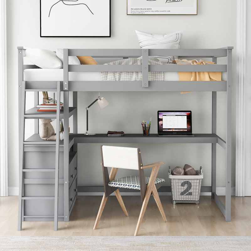  Lit mezzanine simple avec bureau intégré, tablettes latérales et deux compartiments de rangement, gris, Gris
