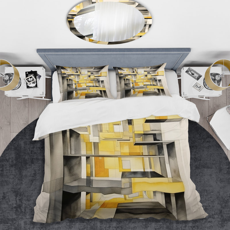 Ensemble de housse de couette en microfibre / polyester jaune et gris Intersecting Realities II Bedding