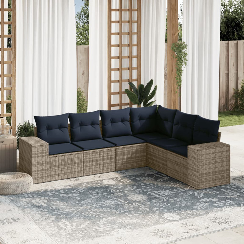 Ensemble de canapé de patio 7 pièces avec coussins en rotin de polyester, Coussin bleu marine / structure grise