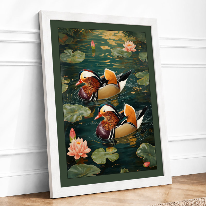 Mandarin Ducks at Dusk Japandi - Framed Print, A1 - 84.1 x 59.4 cm, White