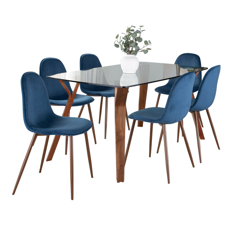 Folia 6 - Person Glass Top Four Leg Dining Set, Blue