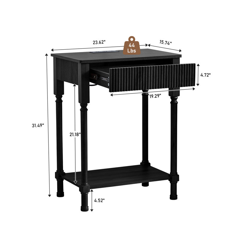 Farmhouse End Table With Storage And Built-In Charging Outlets, Black